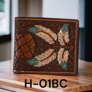 Western Chestnut Leather Bi-fold Wallet Floral FeatersTooled Basket Weave